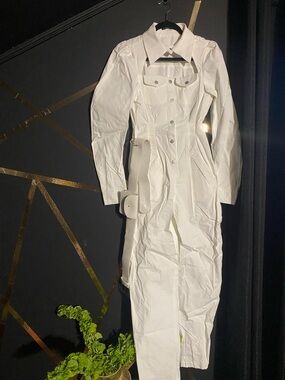 White Long-Sleeve Jumpsuit with Belted Pouch